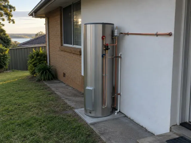Stainless hot water system beside a brick and rendered house wall in Speers Point